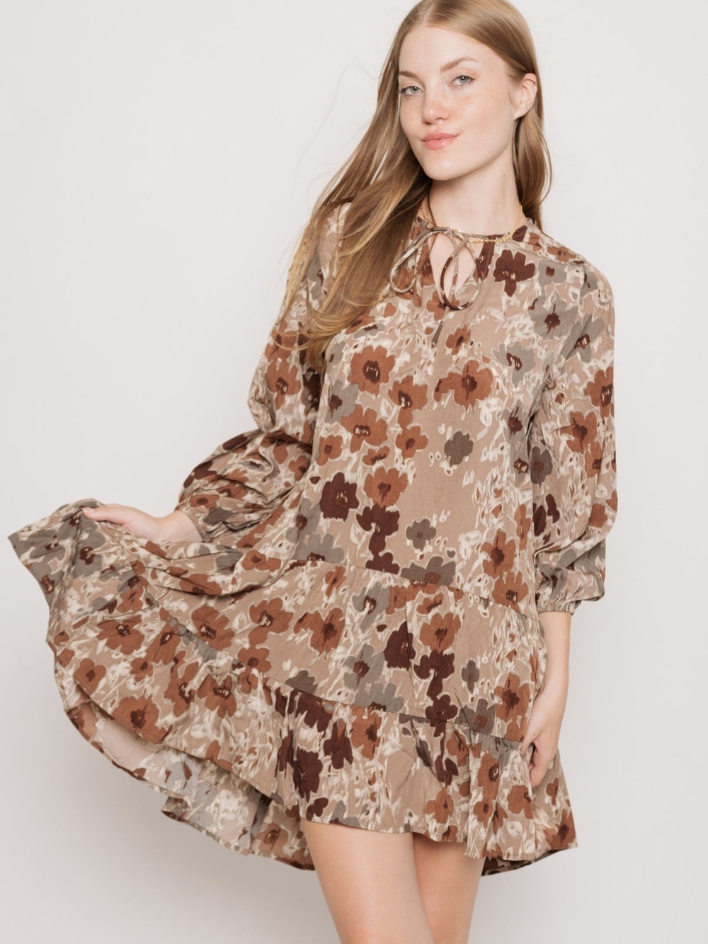 Grade & Gather Umber Floral Mini Dress Small Boho Bell Sleeve Tie Neck Fall